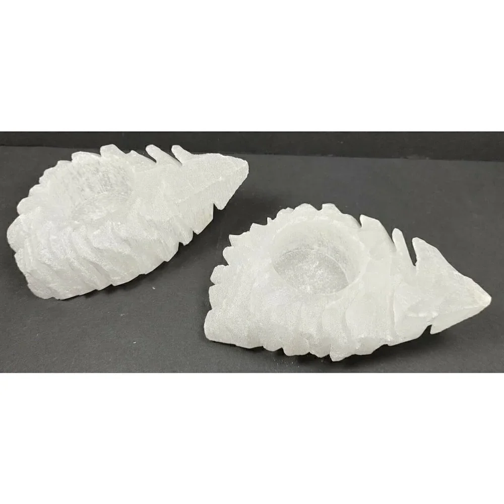 Pack of 2 Selenite Carved White Votive Used to Clean Crystals Candle Holders